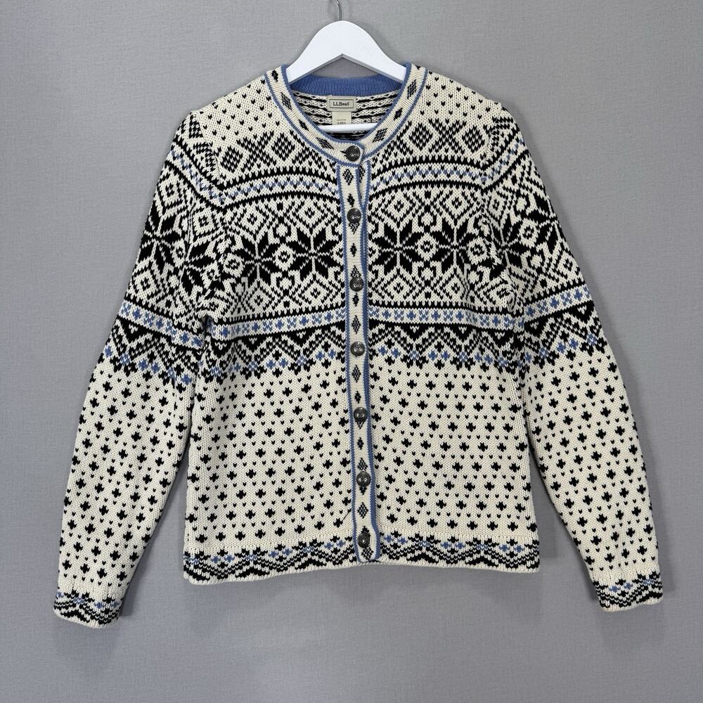 L.L. Bean Cardigan Sweater Womens Small Cream 100% Cotton Nordic Fair Isle Knit